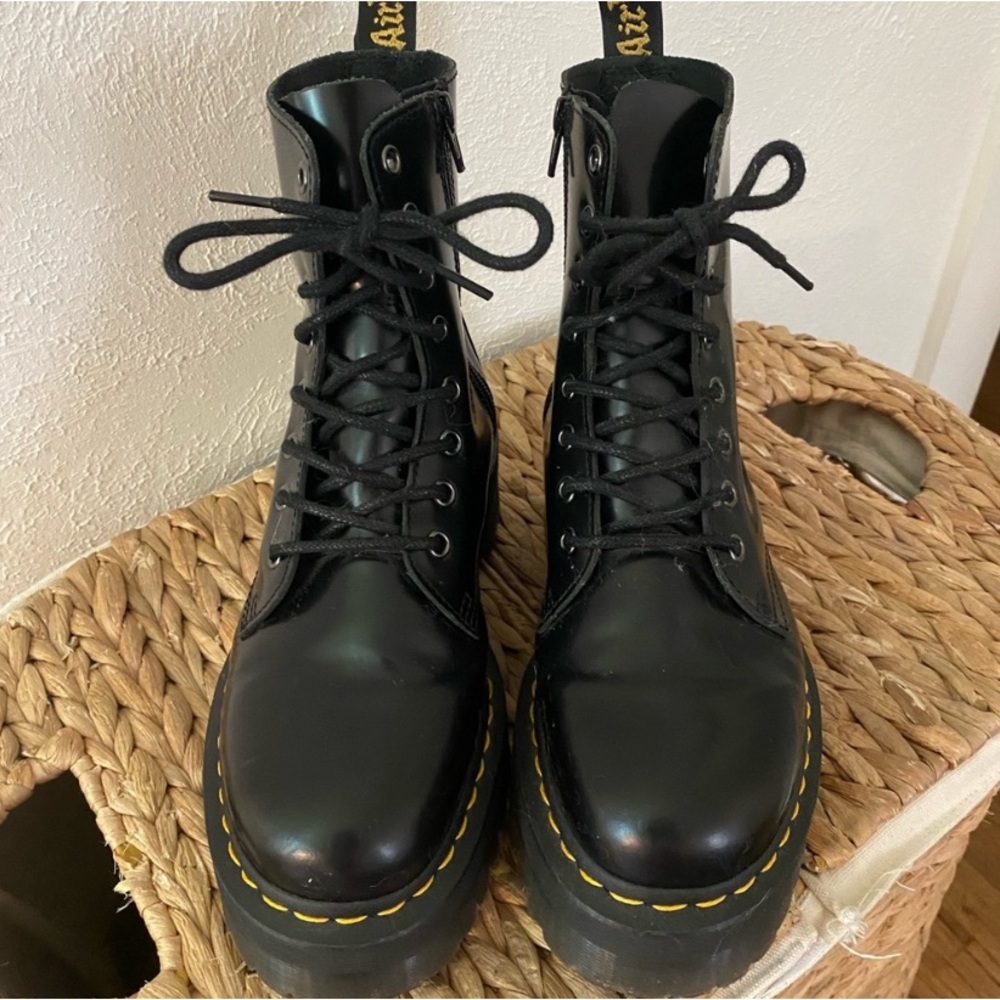 Dr. Martens Black Platform Combat Boots with Yellow Stitching